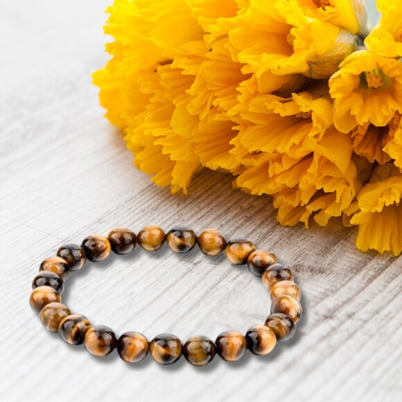 Natural Stone Healing Pure Tiger Eye Yellow Black Round Beads Stretch Bracelet - Picture 1 of 10